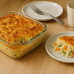 Refratário de arroz de forno com legumes gratinado, dourado por cima, servido em almoço caseiro.