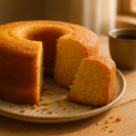 Bolo de fubá fofinho fatiado sobre prato de cerâmica ao lado de uma xícara de café