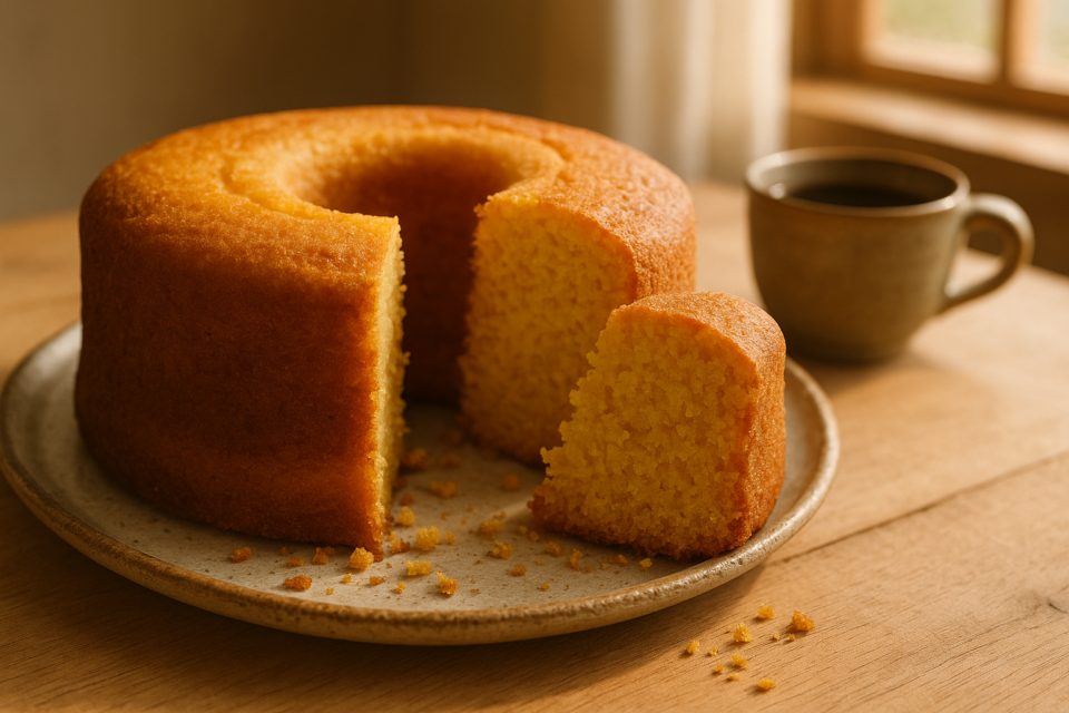 Bolo de fubá fofinho fatiado sobre prato de cerâmica ao lado de uma xícara de café