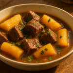 Prato fundo com carne de panela e mandioca em caldo encorpado, finalizado com cheiro-verde.