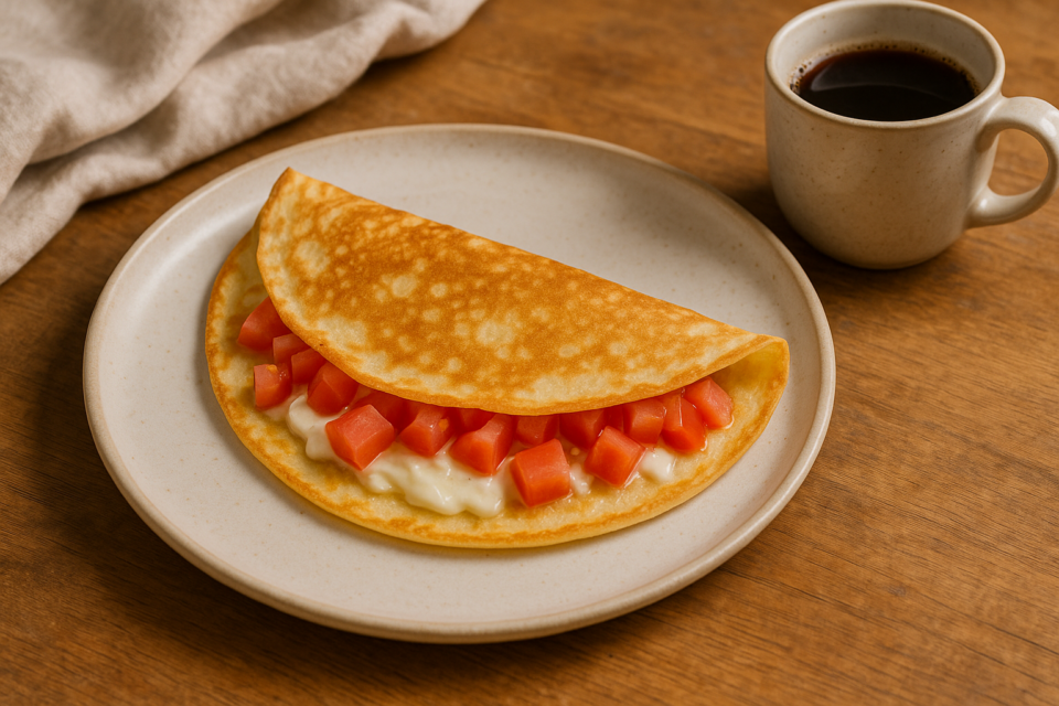 Crepe salgado dobrado com queijo minas derretido e tomate em prato claro, ao lado de café coado