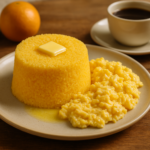 Cuscuz de milho fofo com ovos mexidos cremosos servido em prato claro sobre mesa de café da manhã brasileira