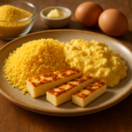 Cuscuz de milho com ovos mexidos cremosos e queijo coalho dourado em prato de café da manhã
