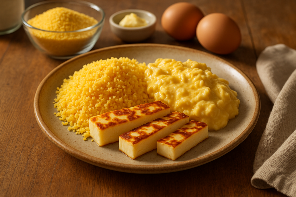 Cuscuz de milho com ovos mexidos cremosos e queijo coalho dourado em prato de café da manhã