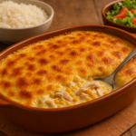 Travessa de fricassê de frango com milho e requeijão gratinado, servida em mesa de almoço