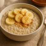 Tigela de mingau cremoso de aveia com banana fatiada e canela em mesa de café da manhã