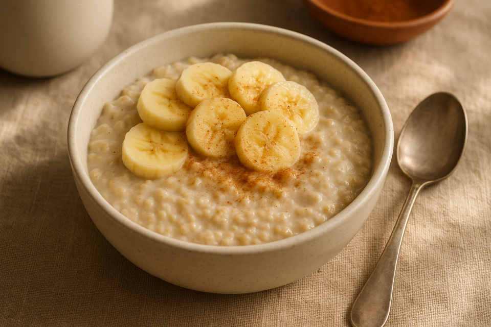 Tigela de mingau cremoso de aveia com banana fatiada e canela em mesa de café da manhã