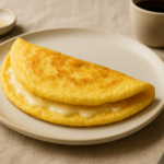 Omelete de queijo dobrada ao meio em prato claro, com textura macia e dourado leve.