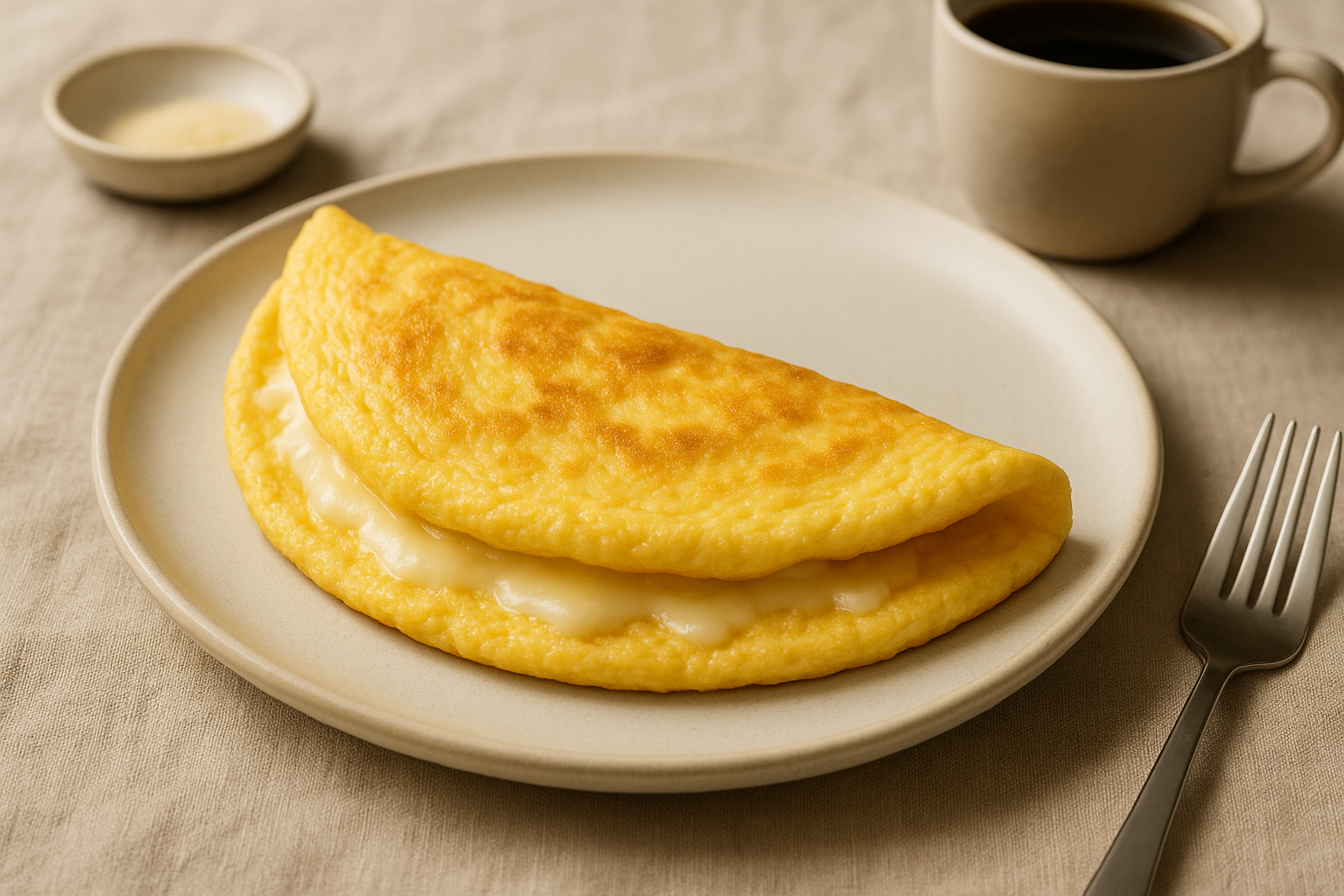 Omelete de queijo dobrada ao meio em prato claro, com textura macia e dourado leve.