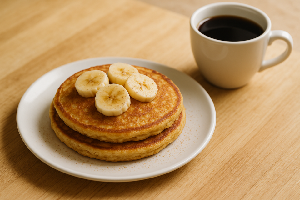 Panquecas de banana com aveia empilhadas em prato branco sobre mesa de café da manhã brasileira