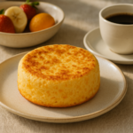 Pão de queijo de frigideira dourado servido em prato claro no café da manhã