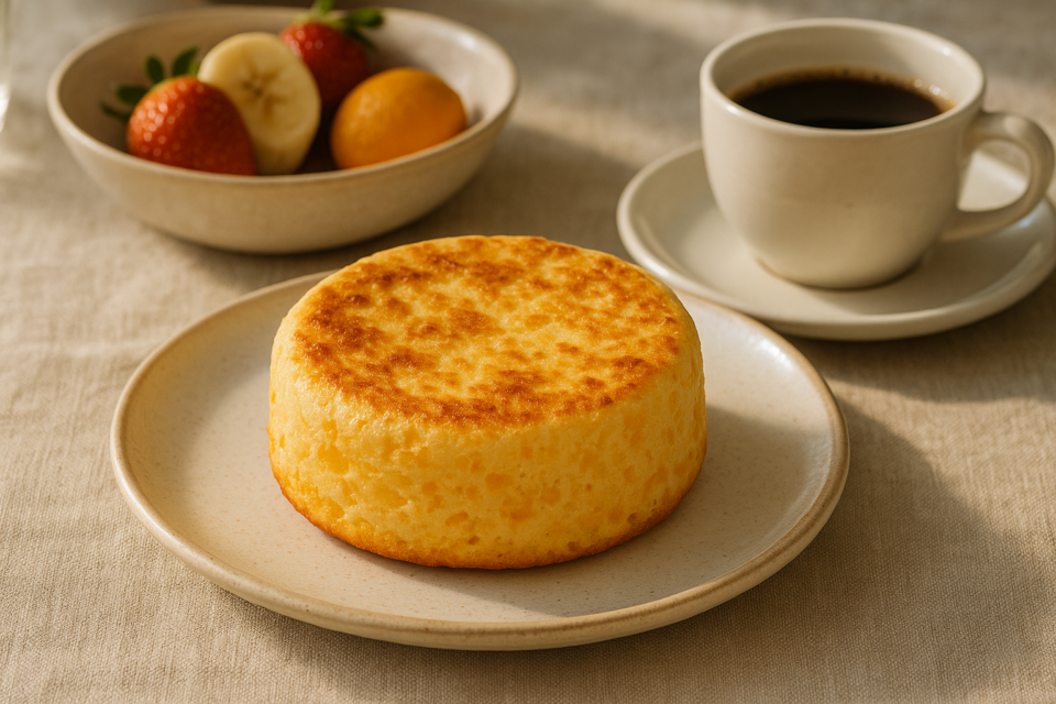 Pão de queijo de frigideira dourado servido em prato claro no café da manhã