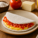 Tapioca recheada com queijo coalho e tomate servida em prato claro sobre mesa de café da manhã
