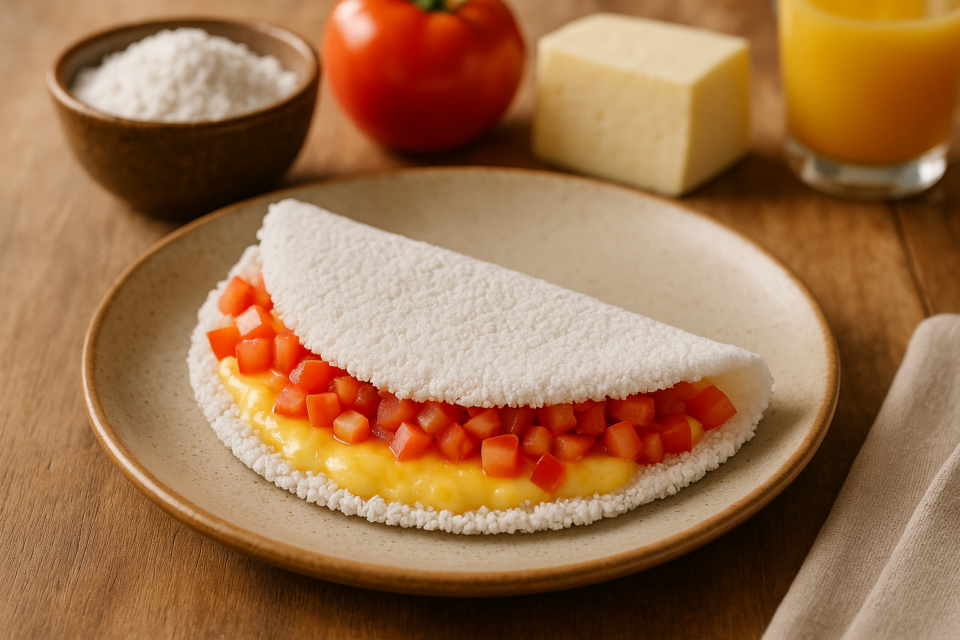 Tapioca recheada com queijo coalho e tomate servida em prato claro sobre mesa de café da manhã